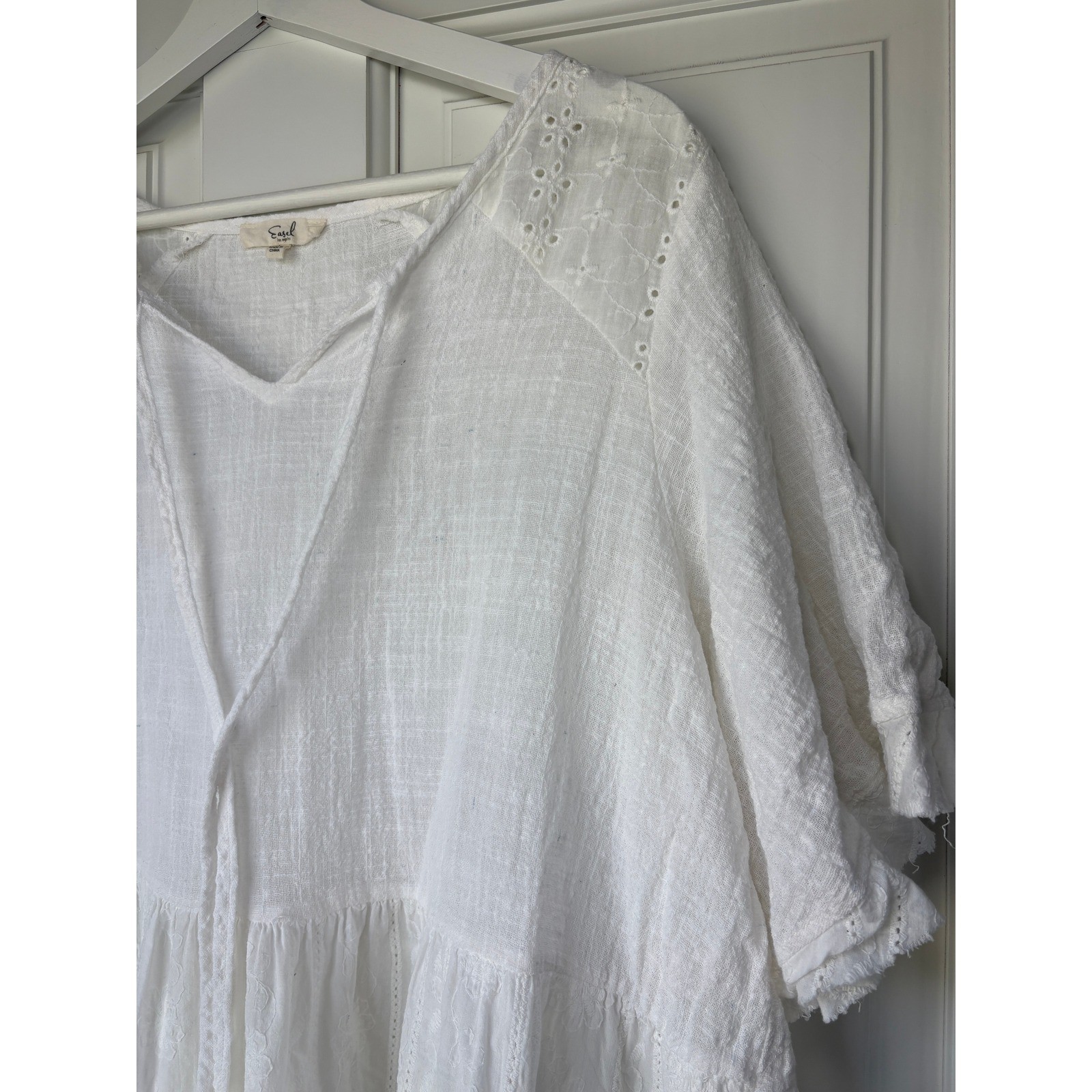 Easel Babydoll Top Large White Eyelet Embroidered Tiered Cotton Gauze Boho