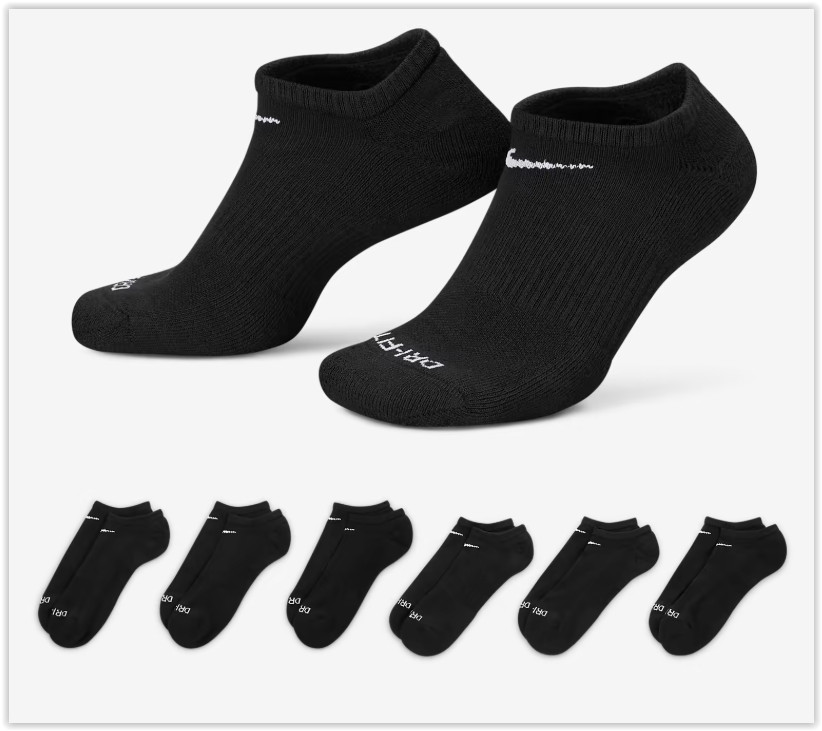 Nike 6 PACK NO SHOW Everyday Plus Cushion Unisex DRI-FIT Socks – LARGE – BLACK