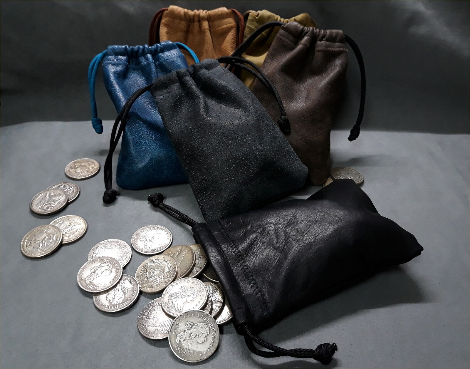 GENUINE LEATHER COIN / DICE BAGS HAND MADE IN THE USA 5X7 INCHES