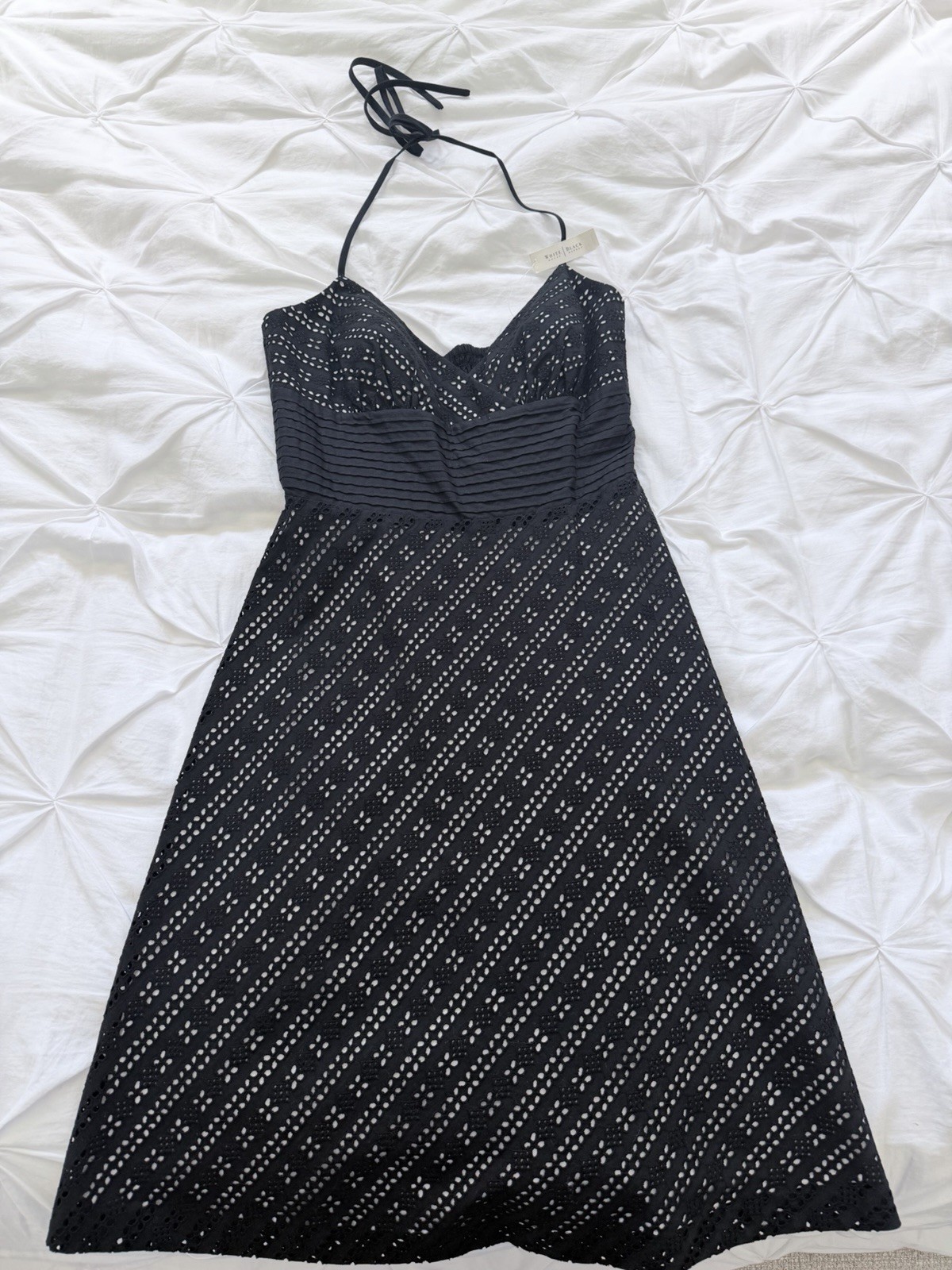 NWT-White House Black Market Black Eyelet A line Halter Dress 0, new, orig $128