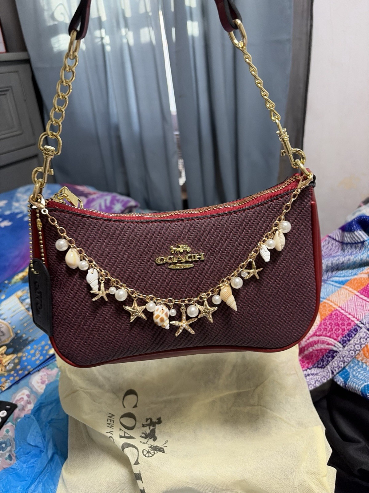 Coach Burgundy Small Zip Shoulder Bag Gold Chain Strap Starfish Charm Lined