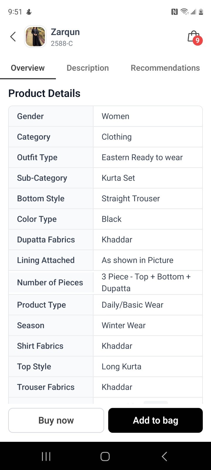 Zarqun 2588-C Black Khaddar Kurtas/Kurti Set for Women S, Kurta Trouser Dupatta