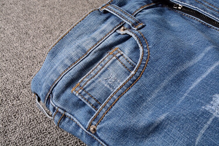Mens Retro Ripped Slim Pleated Denim Jeans Classic Motorcycle Style Blue Stretch