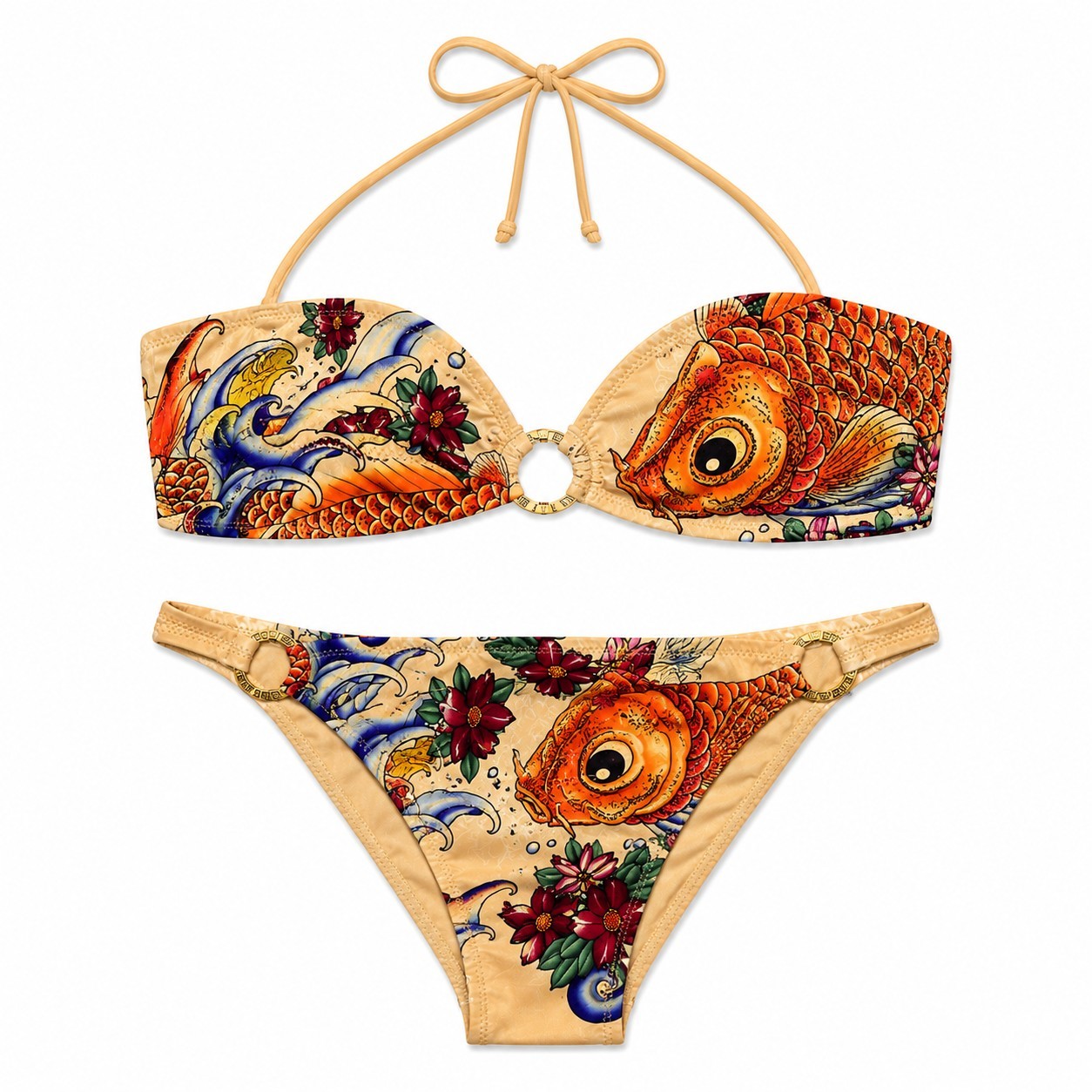Rare Christian Audigier Bikini Set Orange Koi Fish Grunge Ed Hardy Rhinestones M