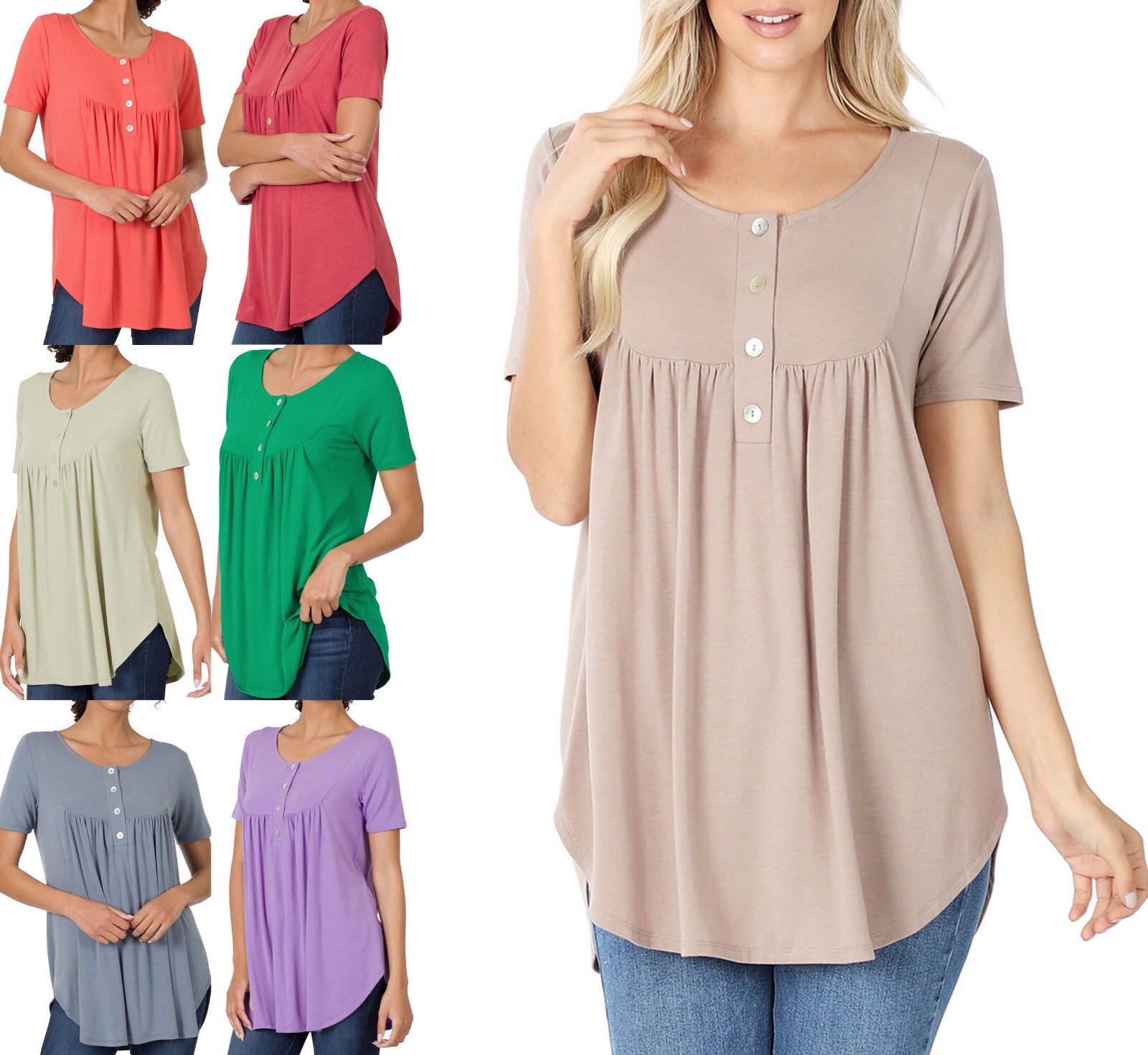 Henley Round Neck Buttons Yoke Shirring Short Sleeve Rayon Top Blouse T Shirt