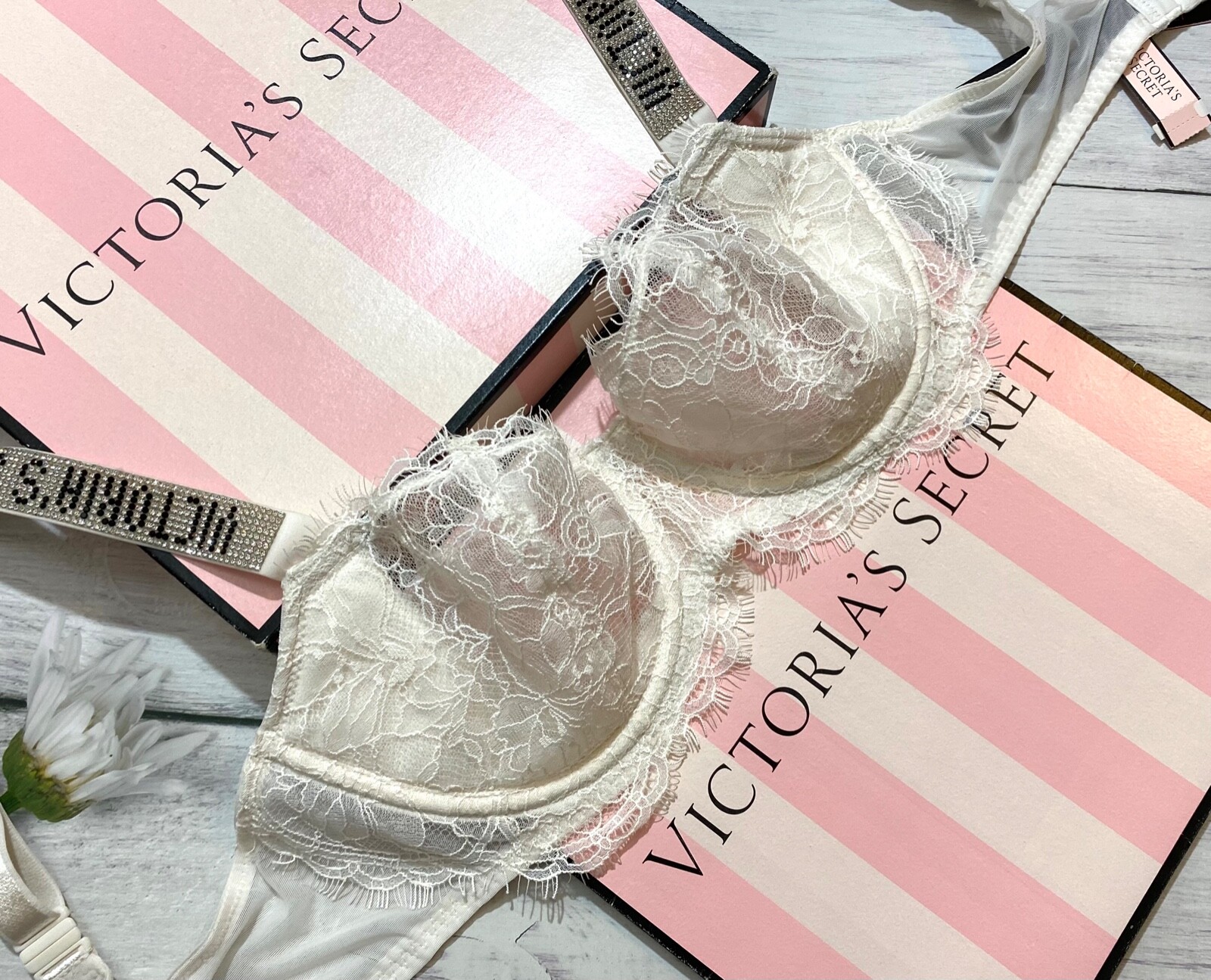 Victoria’s Secret Shine Strap Bra Bikini Set Bridal Lace Blink Cheeky White