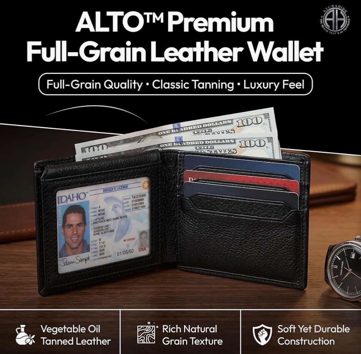 AZURAHIDE Full Grain Leather Wallets for Standard Bifold Size, BLACK