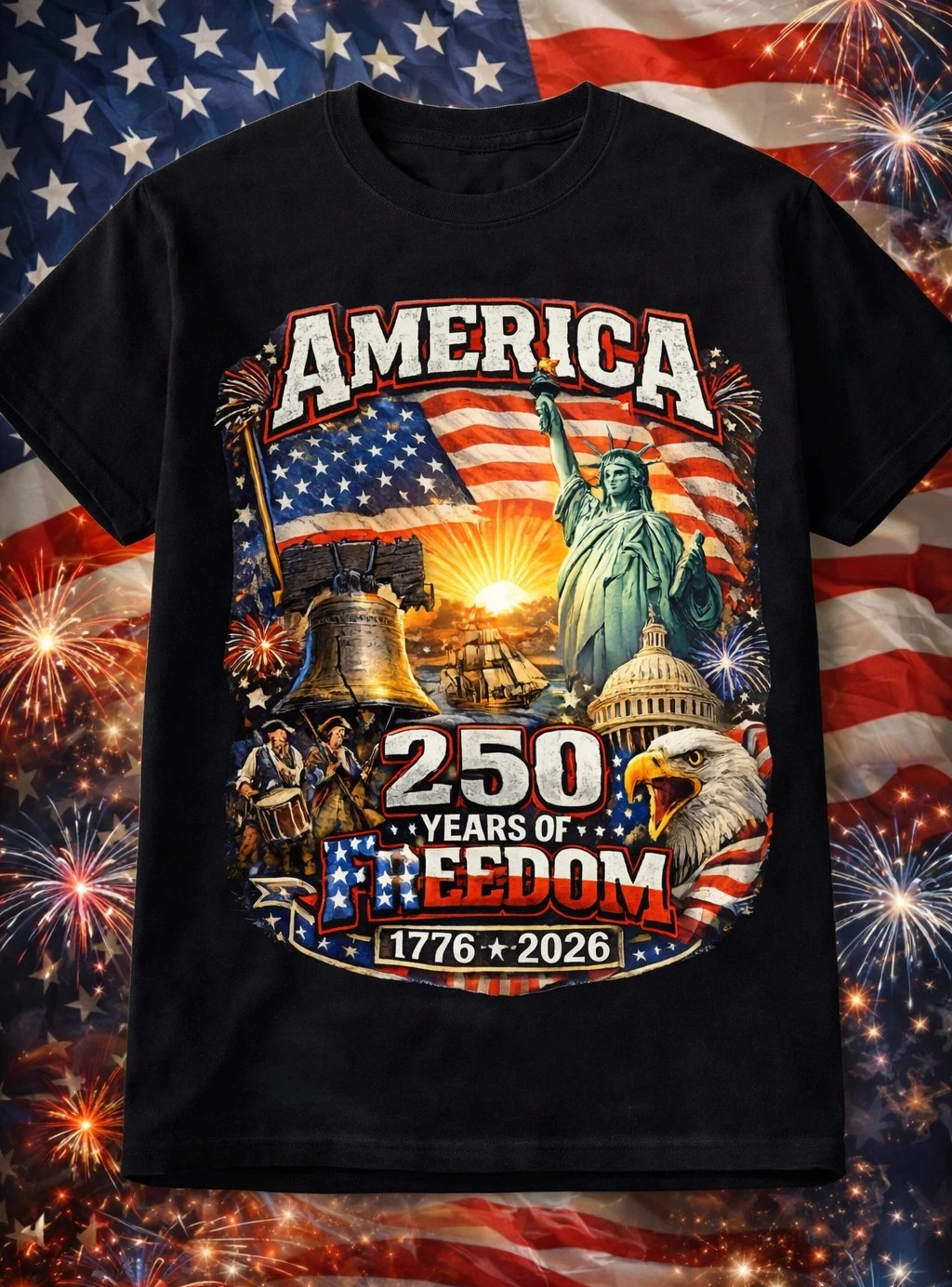 America 250 Years Freedom Shirt 1776-2026 Patriotic USA Flag July 4th Tee S-5XL