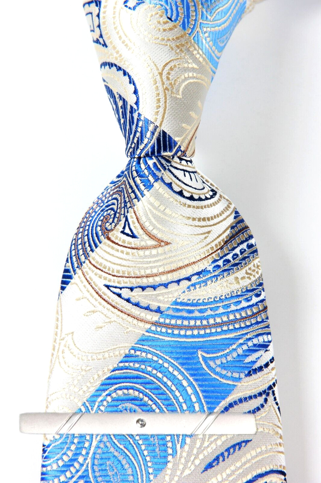Classic Paisley Striped Blue Beige JACQUARD WOVEN 100% Silk Men’s Necktie Tie