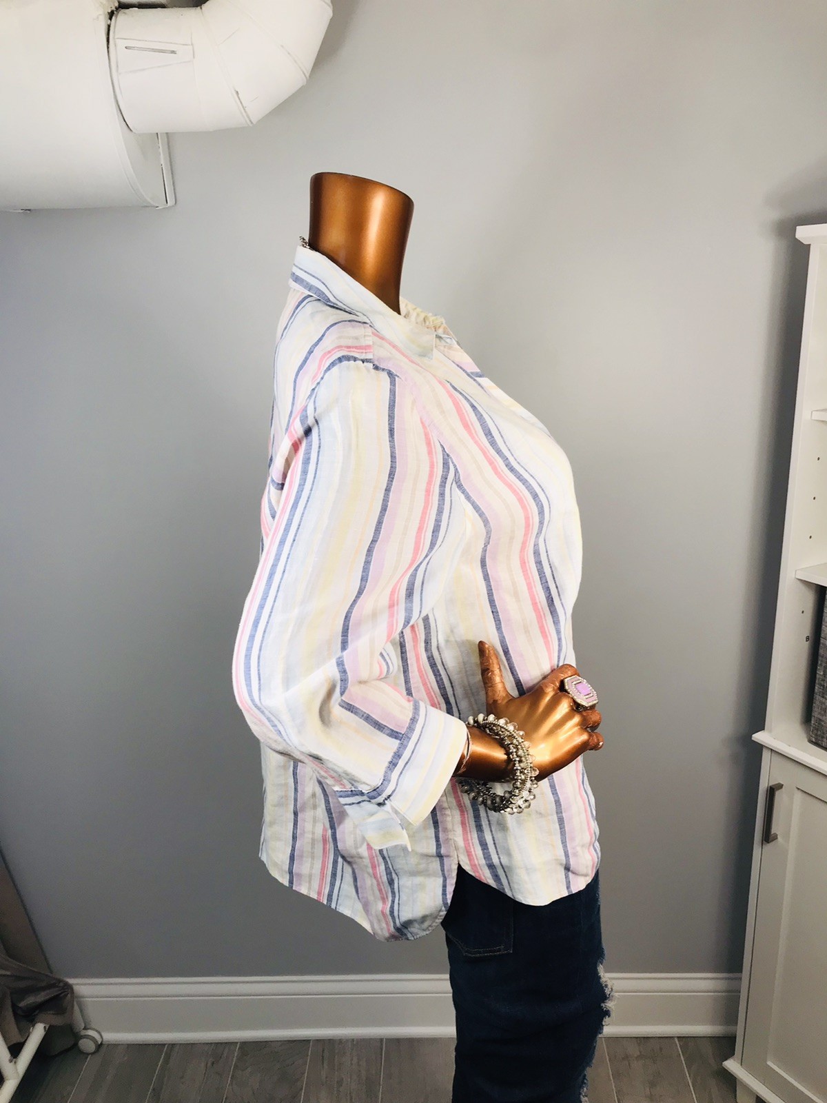 Chico’s 3 or XL Top Striped Soft 100% Linen Button Up Shirt 3/4 Sleeves Low Cut