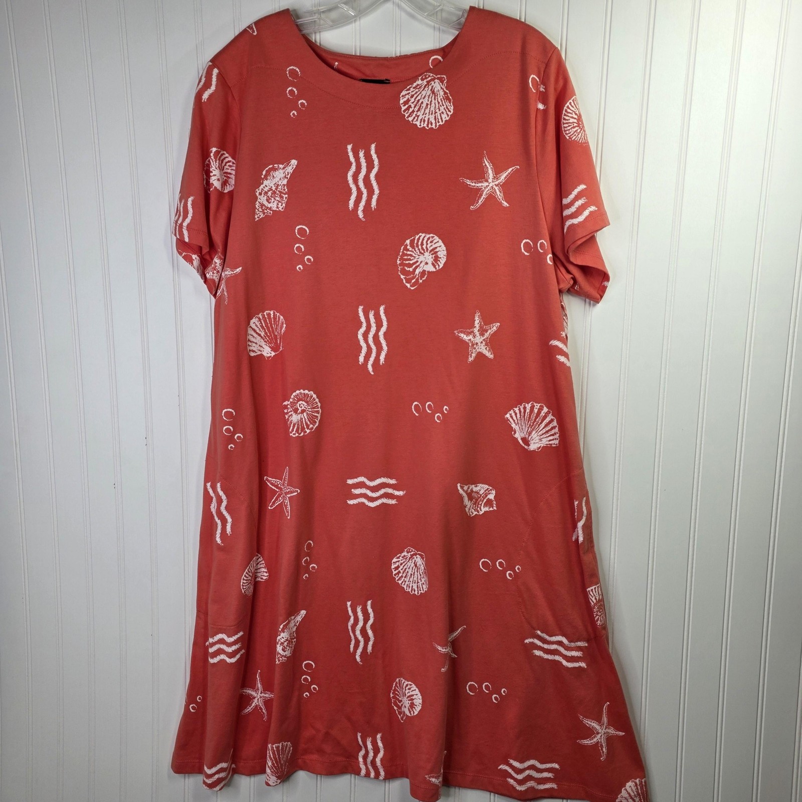 Beach T Shirt Dress Womens XL Orange Seashell Starfish Swing Midi Nautical Links
