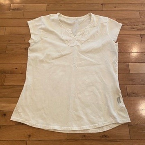 Woolrich Womens Cream White Embroidered Split Neck Cap Sleeve Top Size M