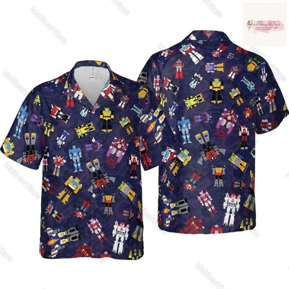 Retro 8-Bit Transformers Hawaiian Shirt 80s Cartoon Mens Button Down Graphic Shi