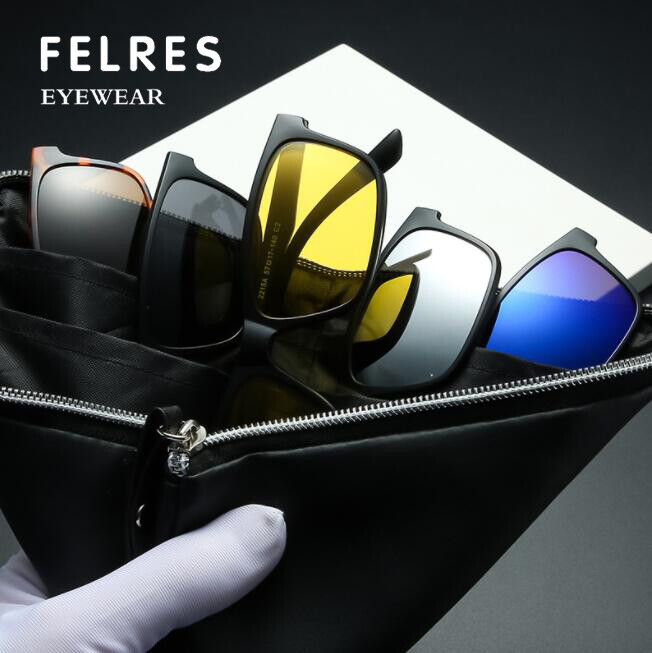Eyeglasses Frame with 5pcs Magnetic Clip On Polarized Sunglasses Square Glasses