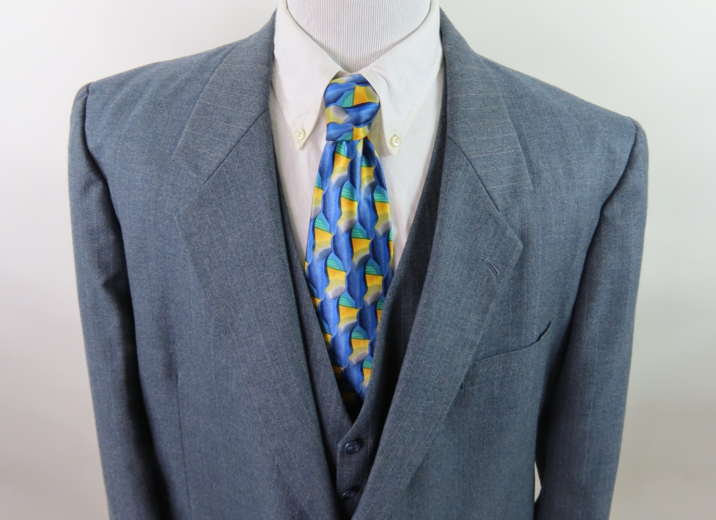 Vintage Three-Piece Mens Suit Gray Striped Wool Witty Brothers 43×28 48/50 R