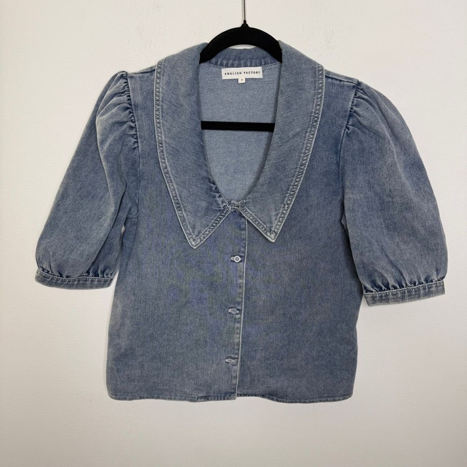 English Factory Peter Pan Collar Balloon Sleeve Denim Top S