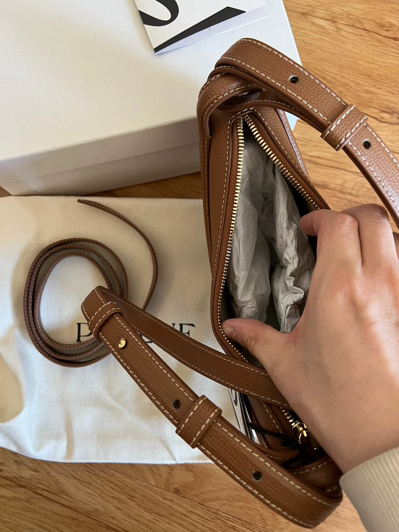 Polene Number Ten Lychee Leather Handbag/Crossbody Bag, Camel Color