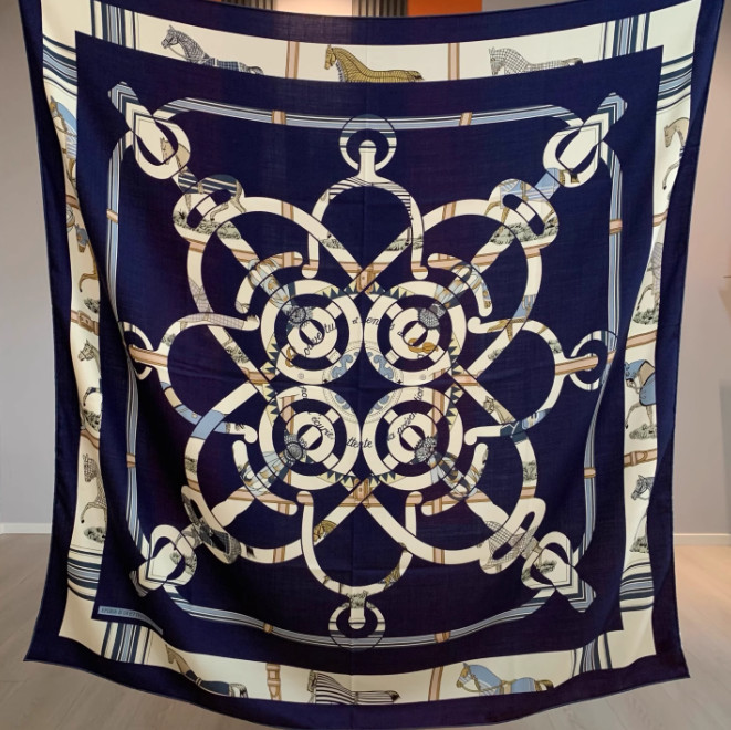 70% Cashmere 30% Silk Wrap Scarf Blue circle Print Double Face Print Shawl 55”