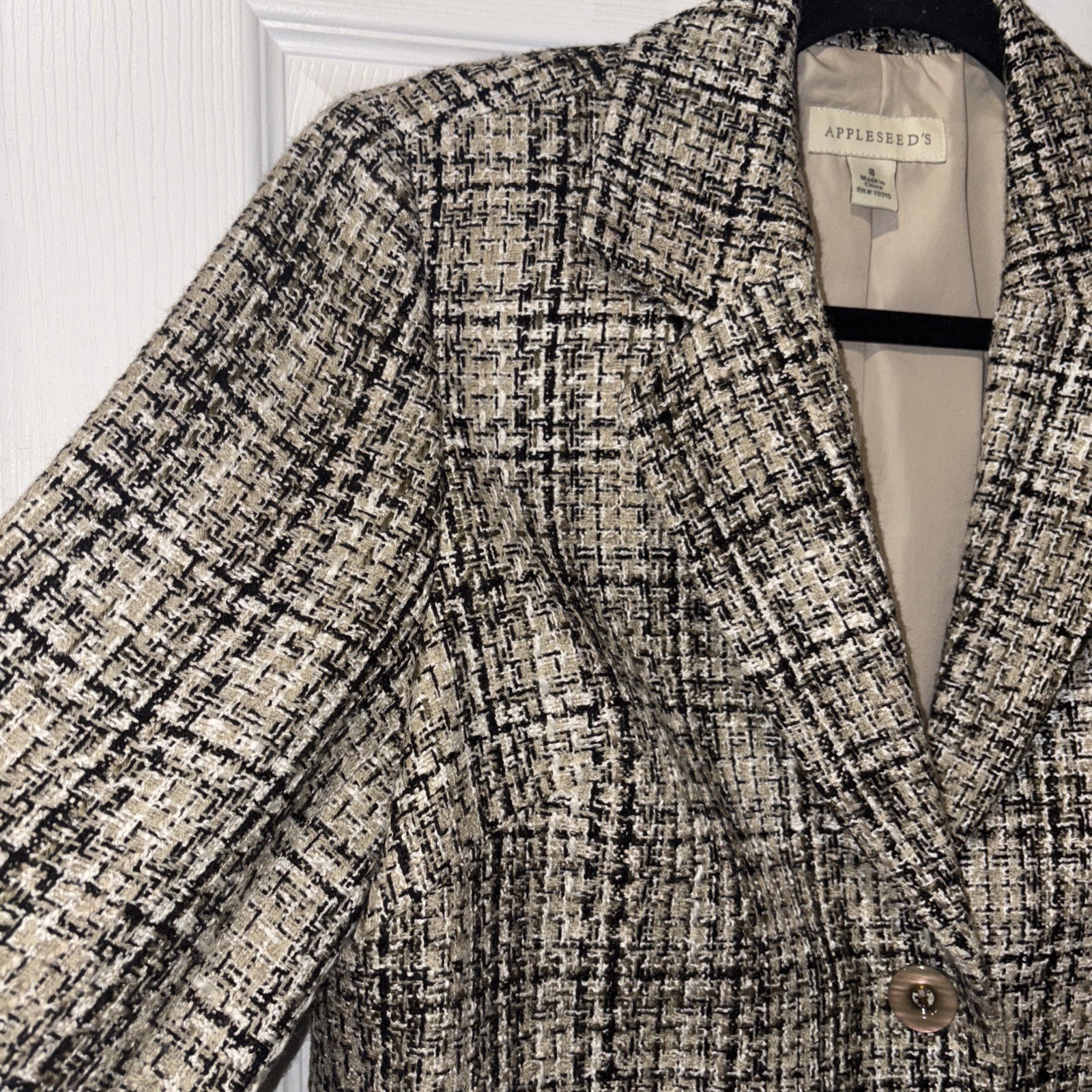 Appleseeds Blazer Beige White Black Plaid Pockets Buttons Size 8