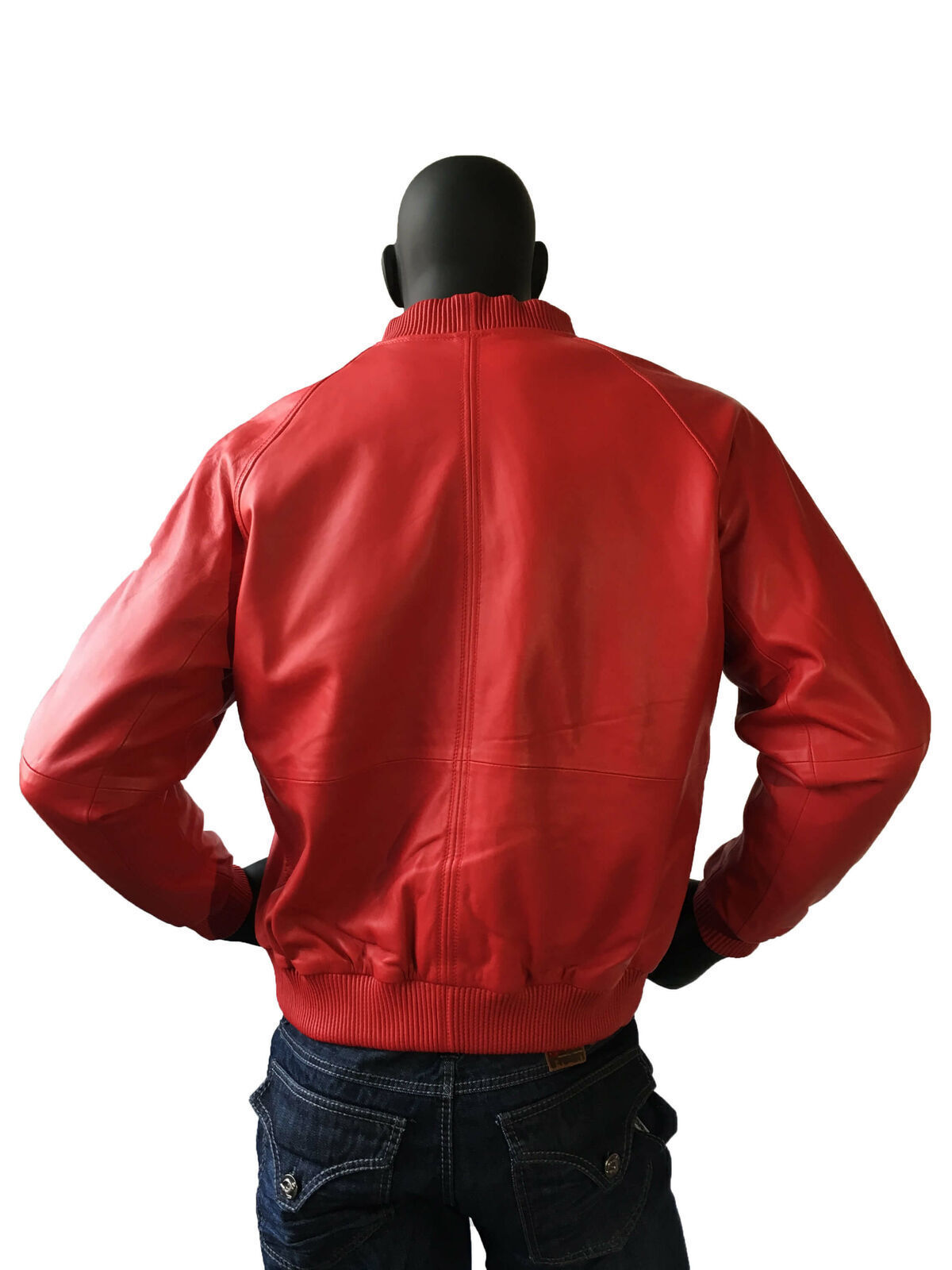 Men’s Genuine Lambskin Leather Red Bomber Jacket Baseball Varsity Style Jacket