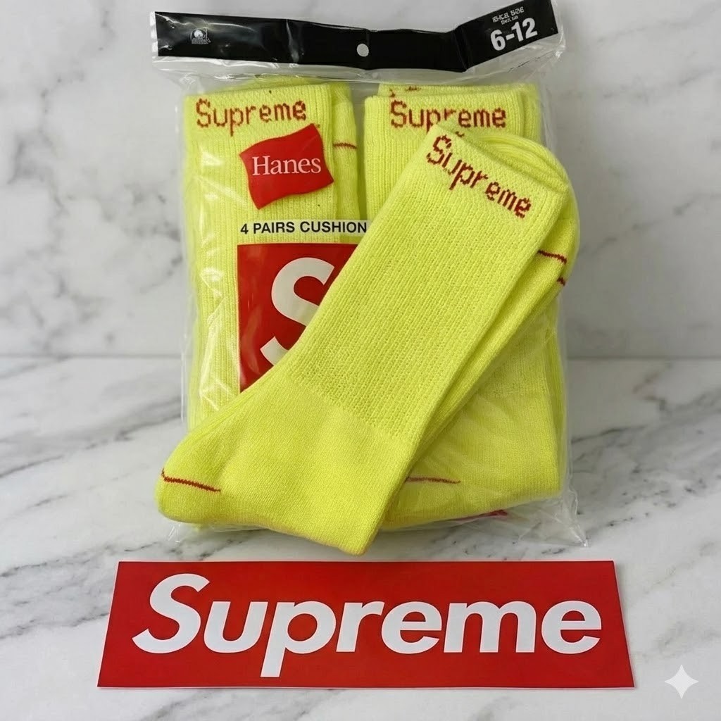 Supreme x Hanes Crew Socks Yellow 4 Pack Size 6-12 NWT Streetwear