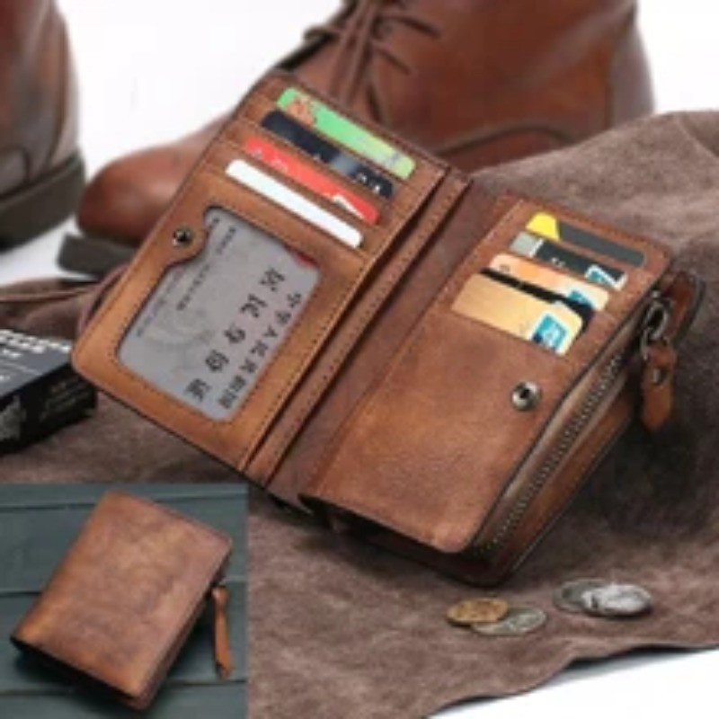 Handmade Vintage Crazy Horse Genuine Leather Men’s Short Wallet for Money Clip
