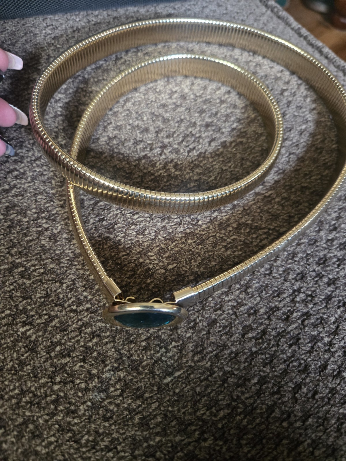 Vintage Style Gold Tone Snake Chain Stretch Belt With Ovel Faux Gemstone Buckle