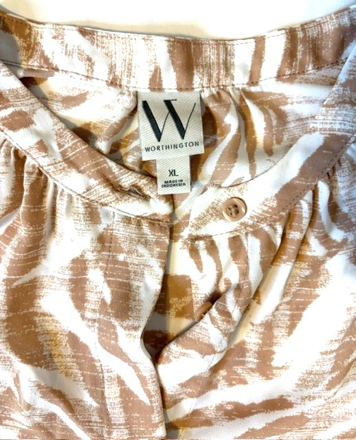 Worthington Tan Zebra Print Sleeveless Blouse Drape Neck Tie Waist XL #0002