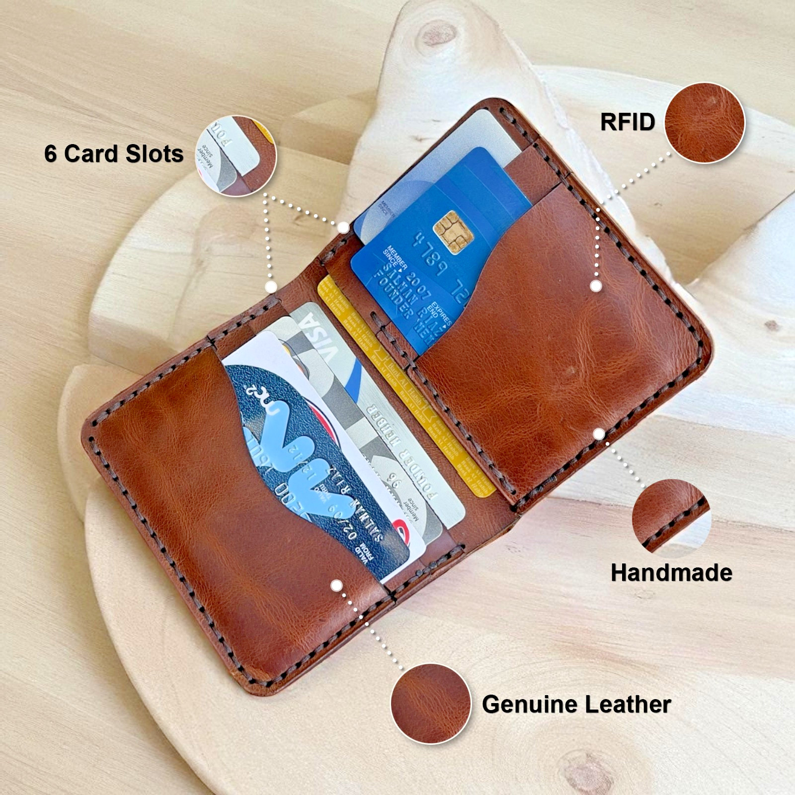 Vintage Leather Mens Slim Bifold Handmade Card Holder RFID Blocking Wallet