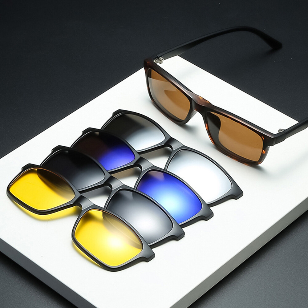 Eyeglasses Frame with 5pcs Magnetic Clip On Polarized Sunglasses Square Glasses