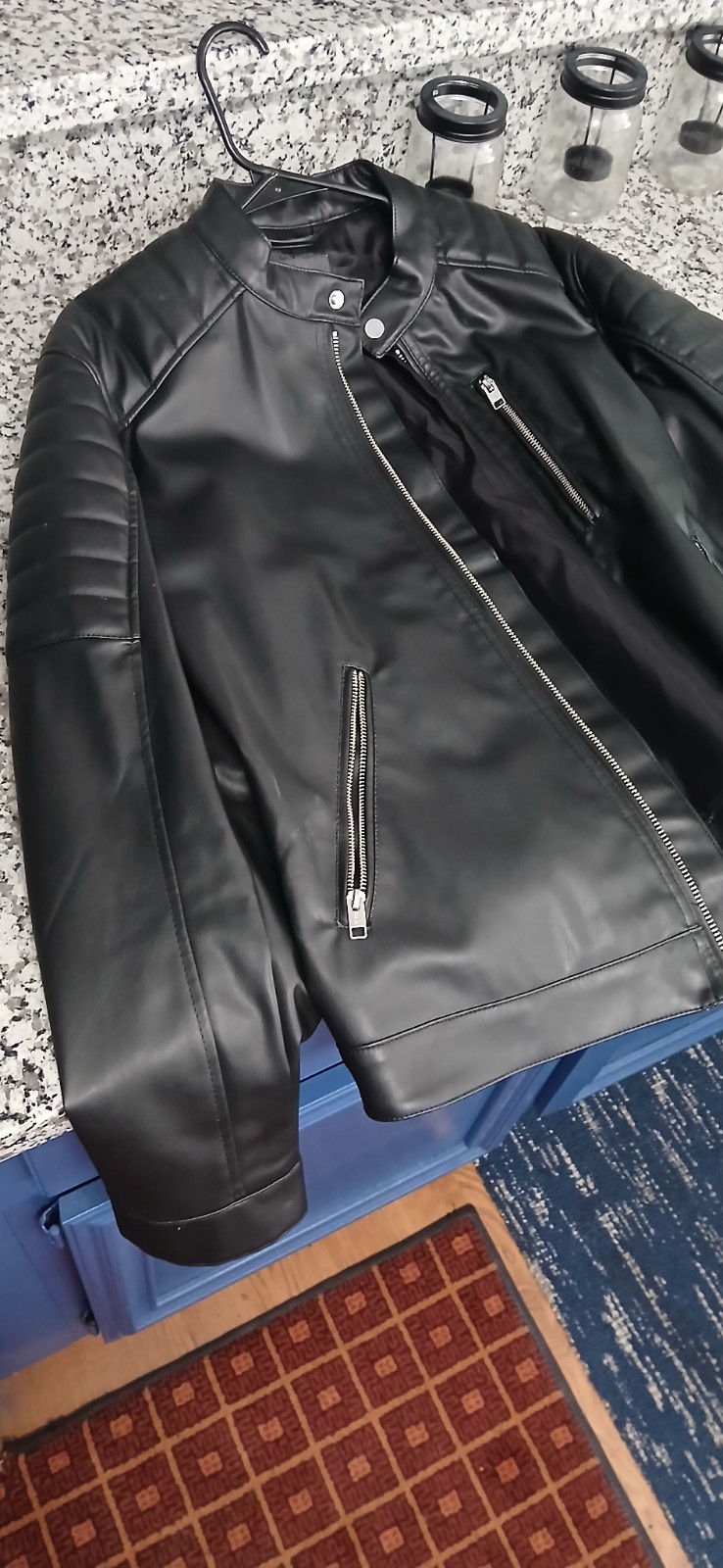 H&M Men’s Black Biker Jacket Full Zip Band Collar Size L Regular Fit