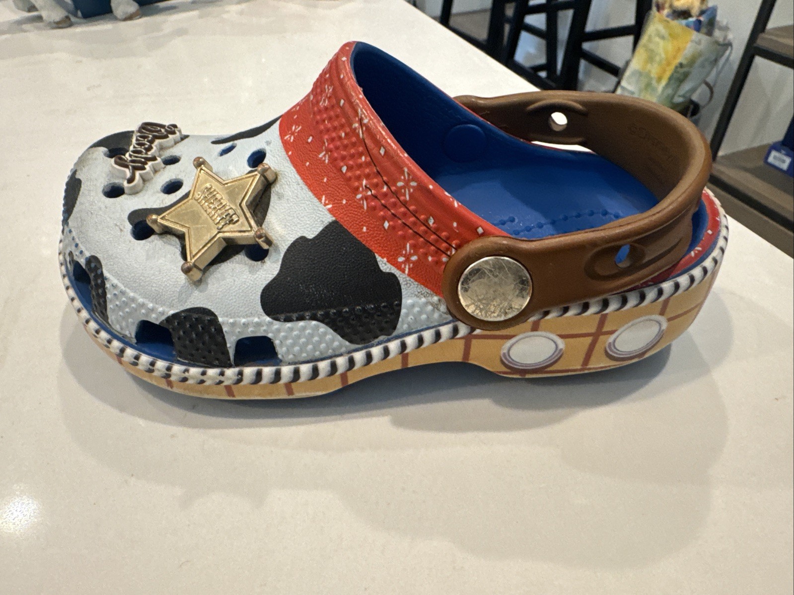 Disney Pixar, Toy Story Woody Cow Print Crocs, Size C9, Children’s, Toy Story 5