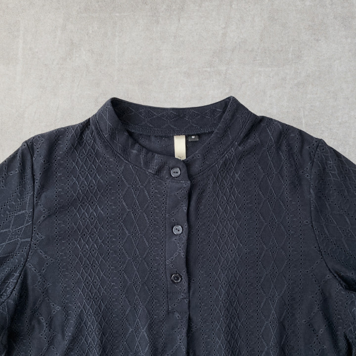 Geometric Eyelet Jersey Top Half Button 3/4 Sleeve Sheer Henley Pullover Blue