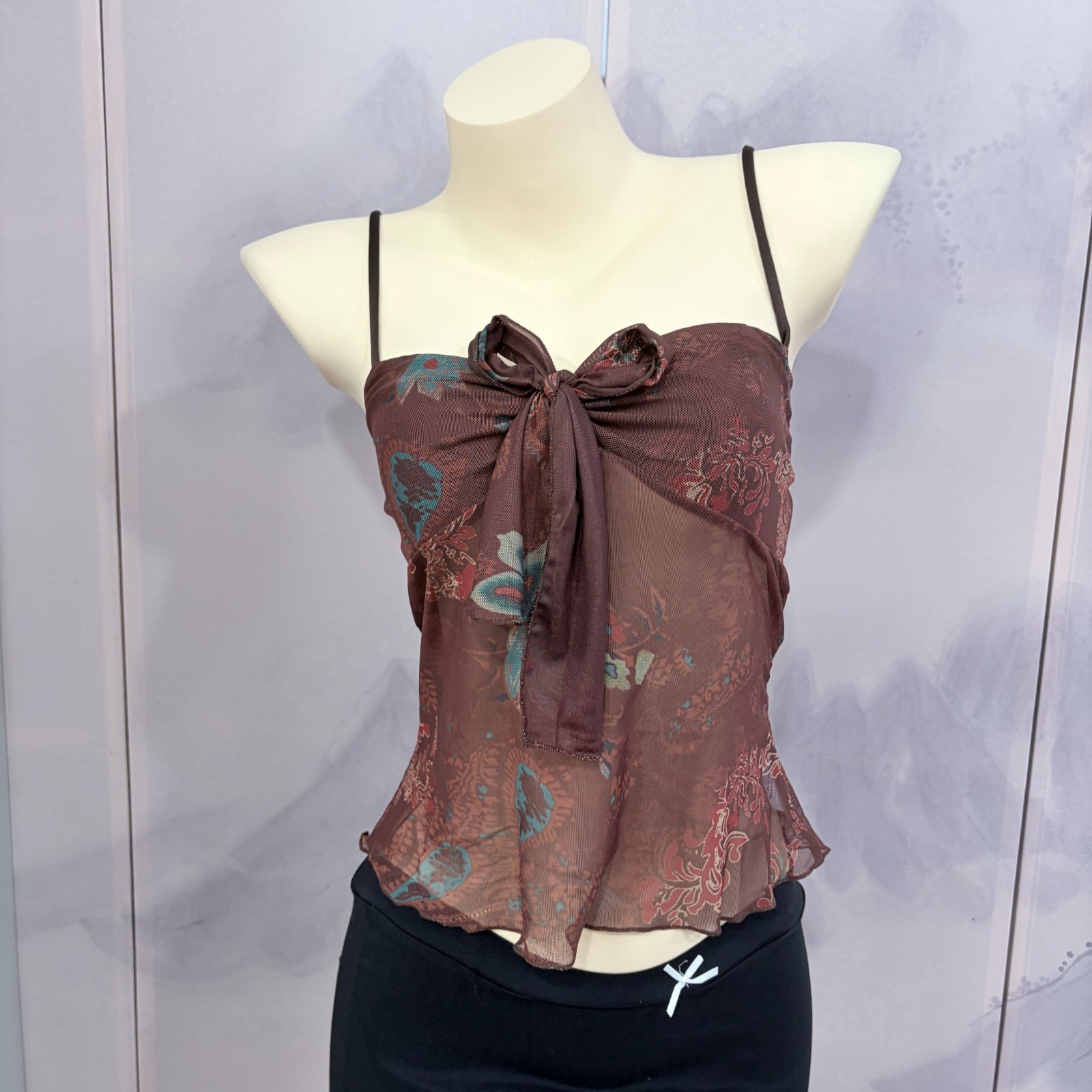 Vintage Floral Mesh Tie Front Cami Top