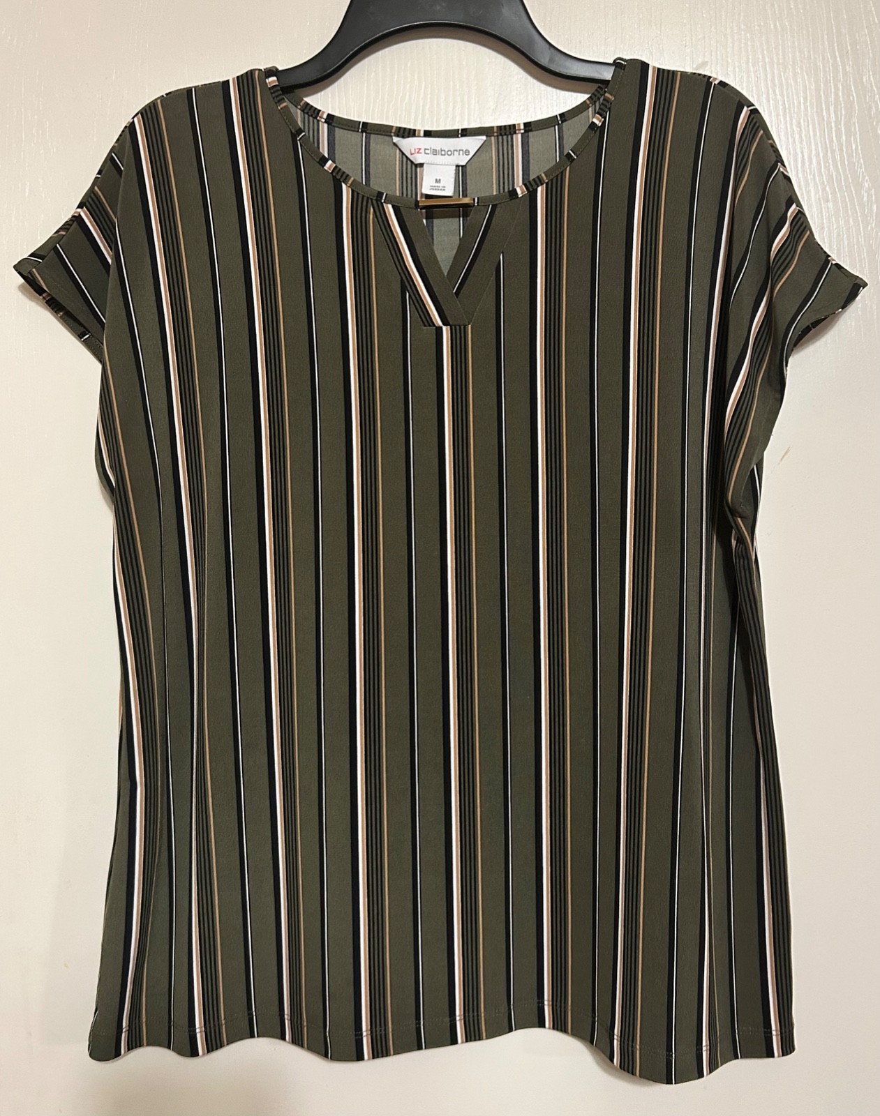 liz claiborne top medium striped blouse army green
