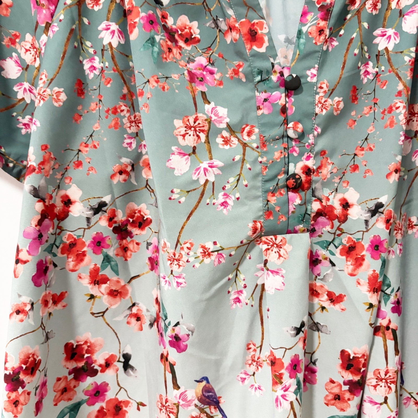 eShakti Womens 2X 20W Floral Bird Ombre Blouse Sage Green Pink Short Sleeve Top