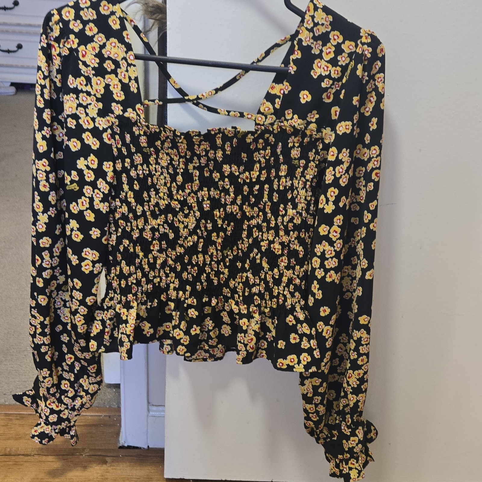 Tommy Jeans Black/Yellow/White/Red Floral Smocked Stretch Square Neck Blouse S
