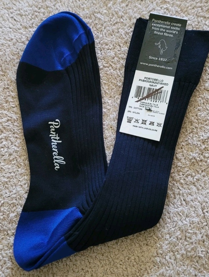 Pantherella PORTOBELLO Cotton-Blend Ribbed Dress Socks Navy/Ultramarine Sz Large