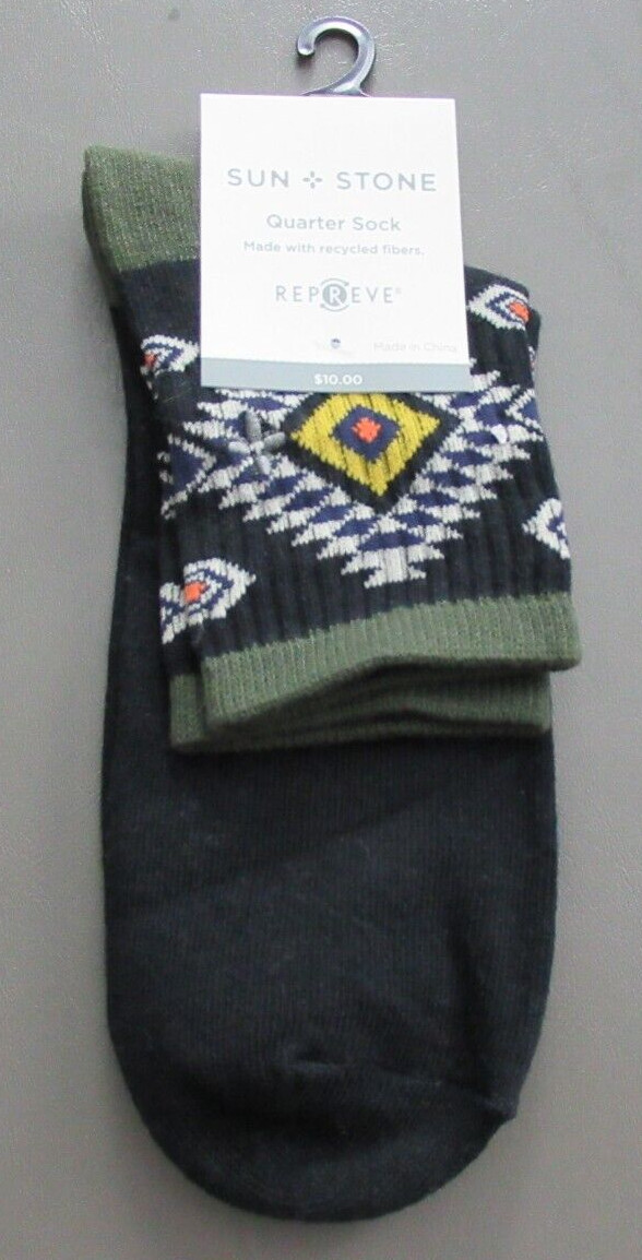 Sun + Stone Men’s 1-Pair Half Calf Quarter Socks, Black Diamond, Shoe Size 7-12