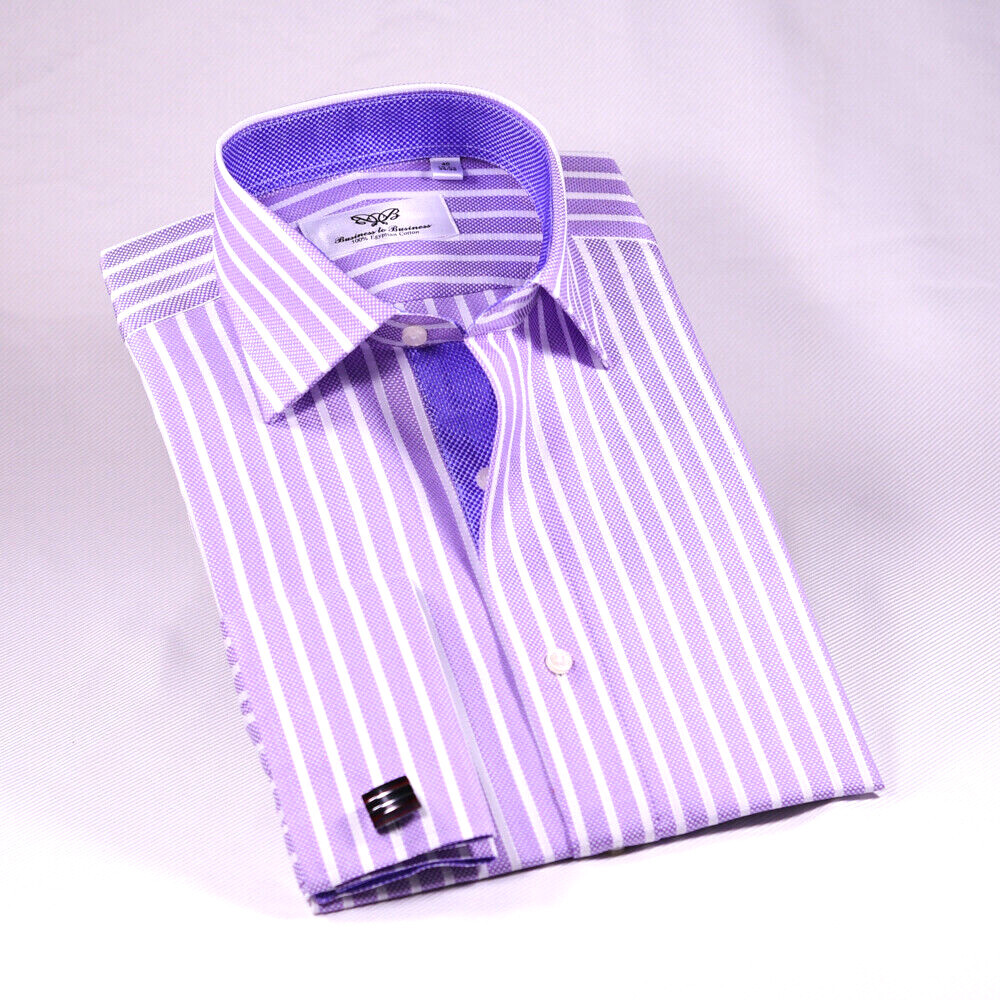 Purple White Stripes Elegant Double Ply Wevon Business Shirts With Inner Lining