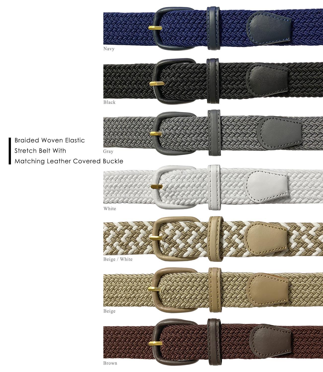 7001 Men’s Leather Covered Buckle Woven Elastic Stretch Belt 1-1/4″ Wide
