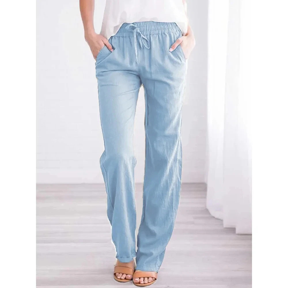 Women Cotton Linen Drawstring Pants Elastic Waist Loose Straight Leg Trousers