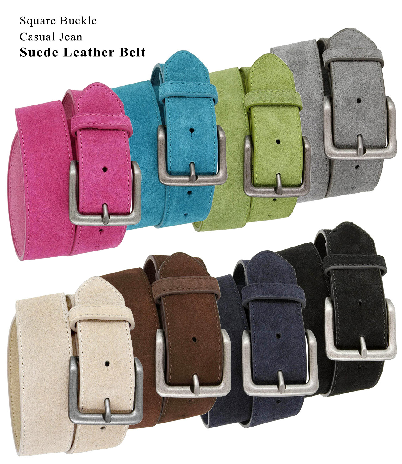 Suede Leather Casual Jean Belt With Antique Silver Buckle 1-1/2″ Wide
