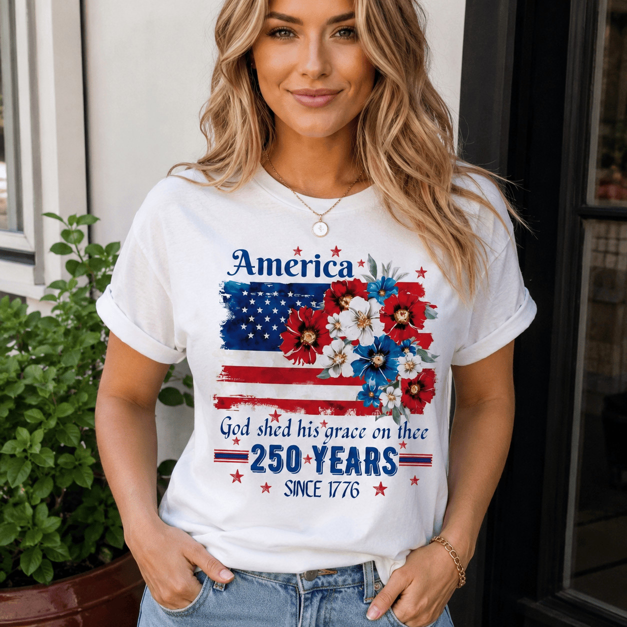 America 250 Years Semicentennial Graphic Tee – Patriotic Floral USA Flag T-Shirt