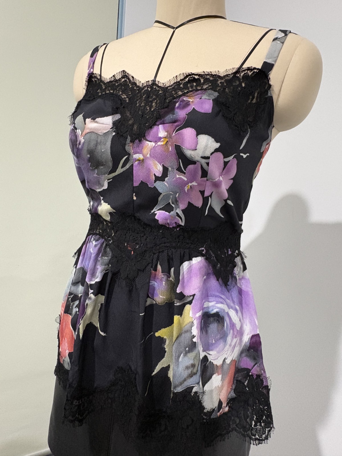Dolce & Gabbana Purple Iris Floral Lace Trim Silk Camisole Top – Size 44