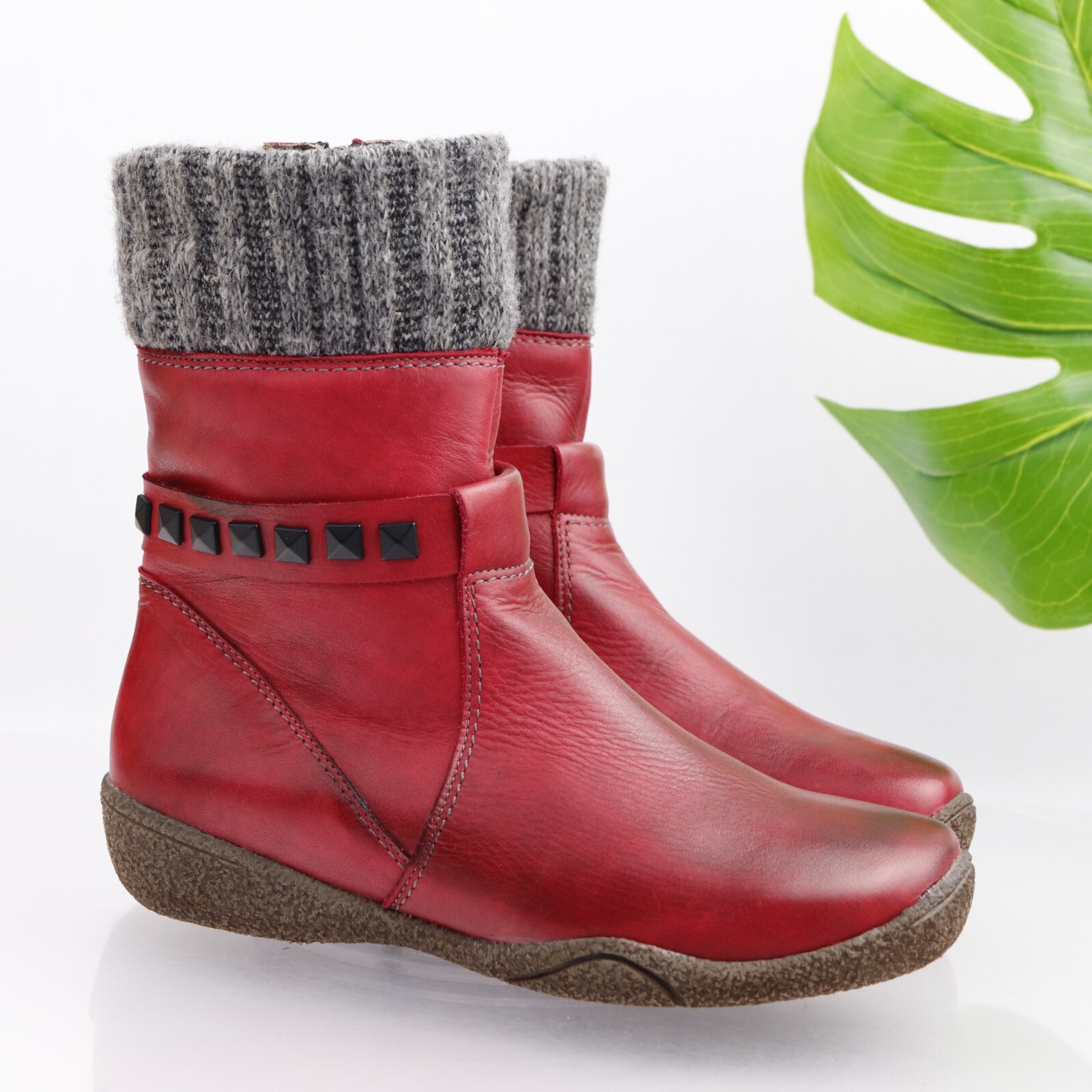 NAOT Theresia M Women’s Boot Size 7 Mid Red Leather Knit Cuff Comfy Orthotic