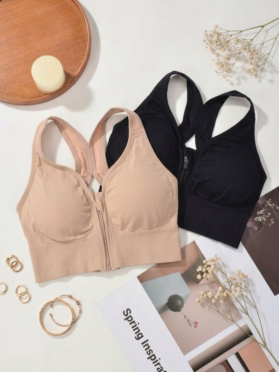 Sports Bra Women 2-Pack Running Yoga Workout Bra Zip Front Closure S/M/L/XL