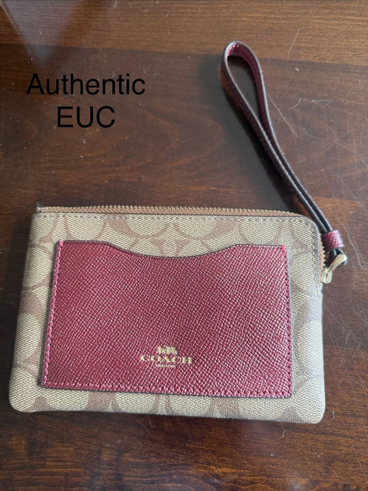 Coach Corner Zip Wristlet in Signature Canvas and Metallic Cherry Leather