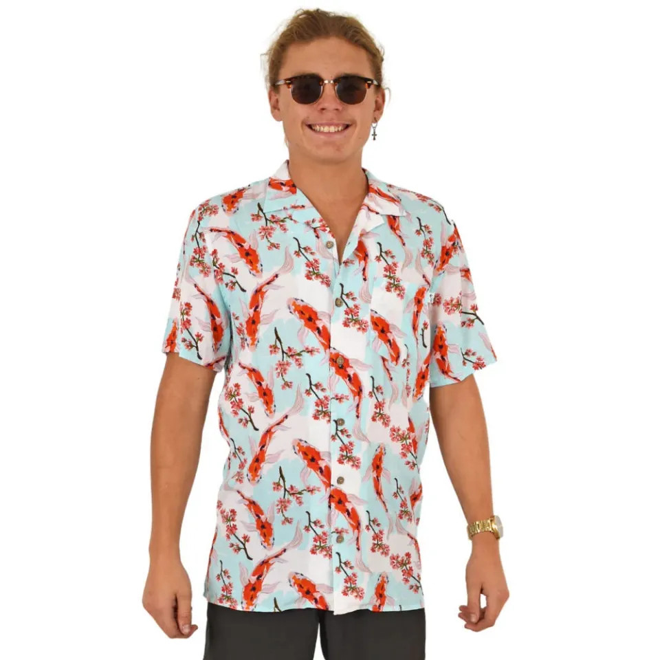Koi Fish Mens Hawaiian Shirt Tropical Print Short Sleeve Beach Party