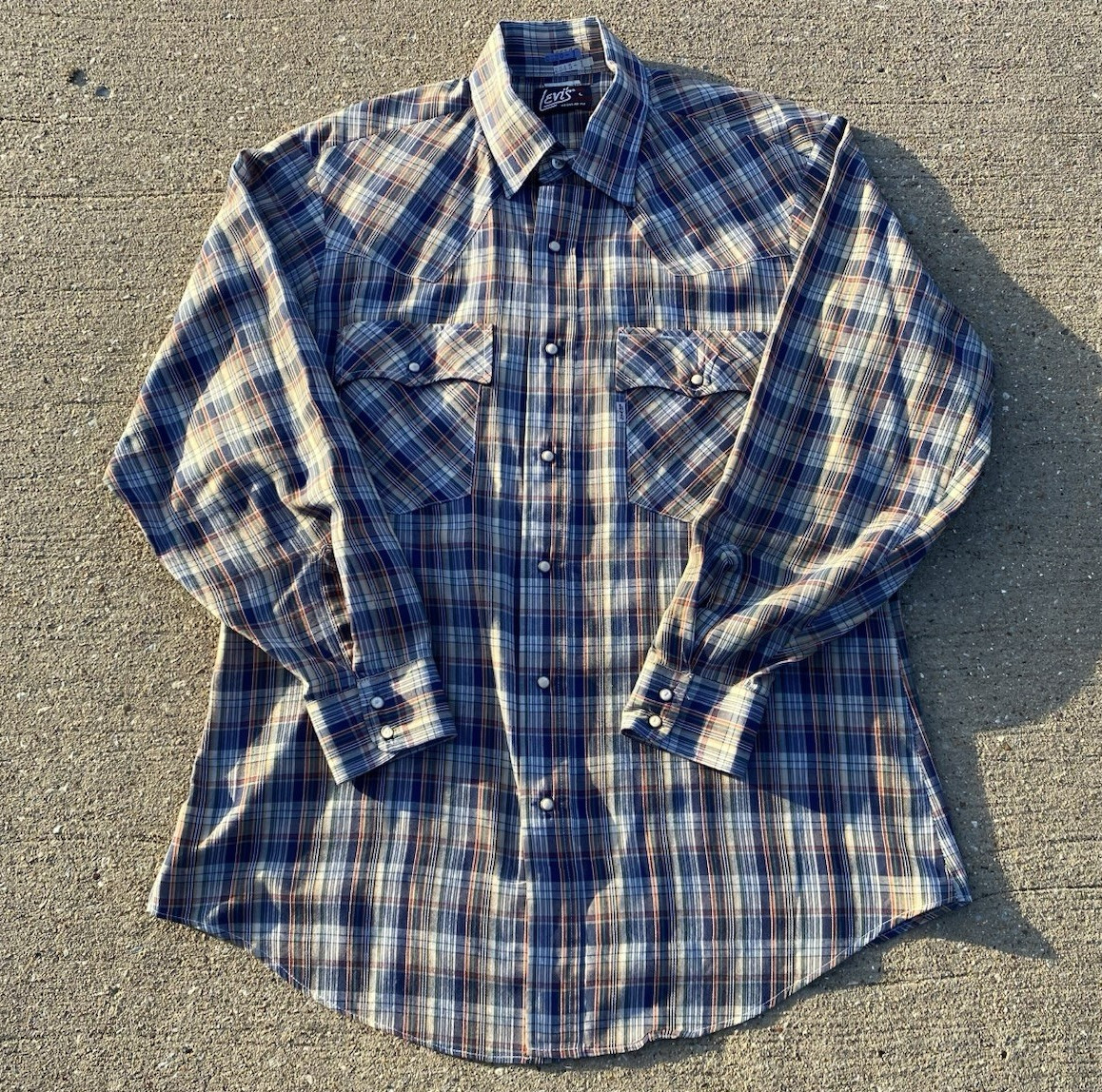 70s Levi’s Men’s L Regular Fit Plaid Woven Shirt Pockets with pearl buttons